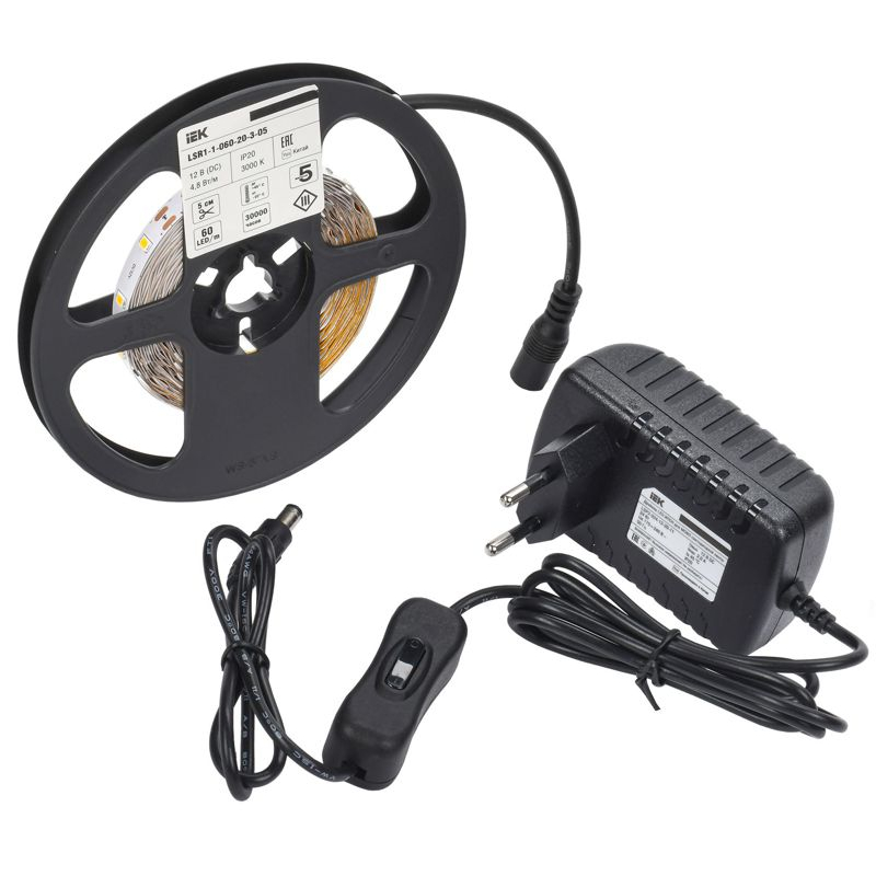 Комплект светодиодной подсветки Сделай сам (лента LED 5м LSR-2835WW60-4,8-IP20-12В + драйвер + выключатель) IEK