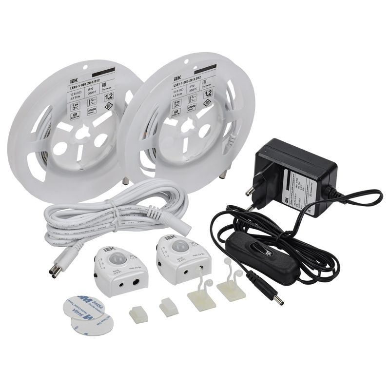 Комплект светодиодной подсветки Сделай сам (лента LED 2х1,2м LSR-2835WW60-4,8-IP20-12В + драйвер + 2 датчика движения) IEK