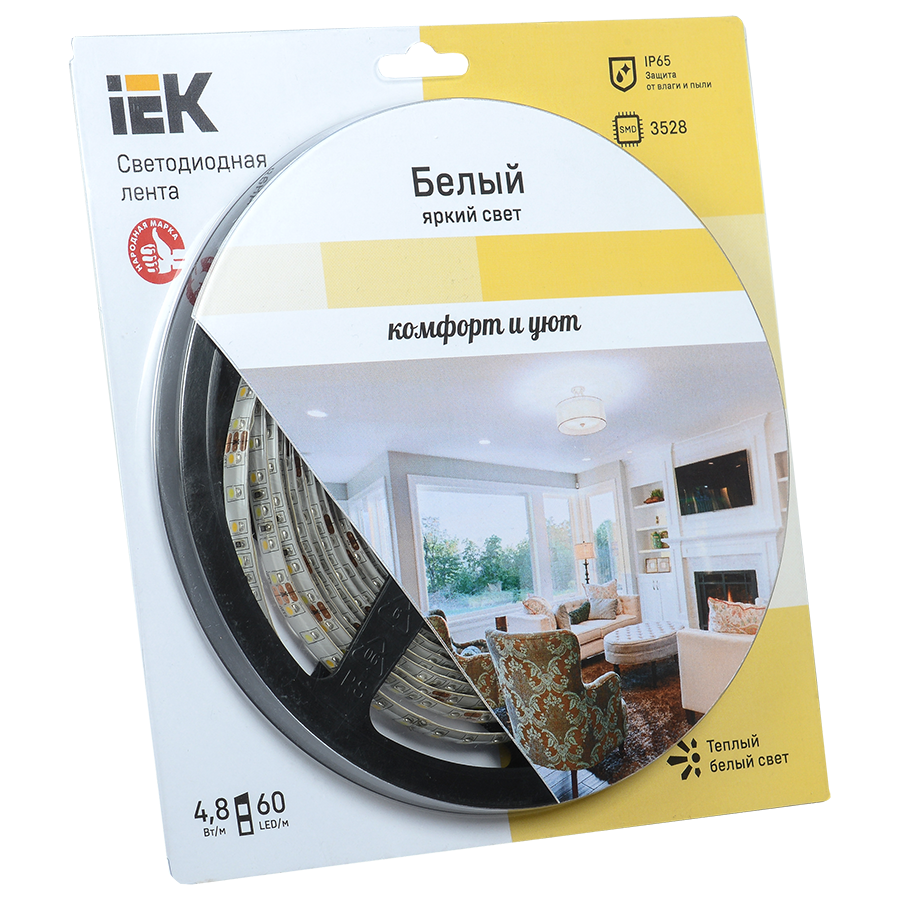 Лента светодиодная 5м блистер LSR-3528WW60-4.8-IP65-12V IEK-eco