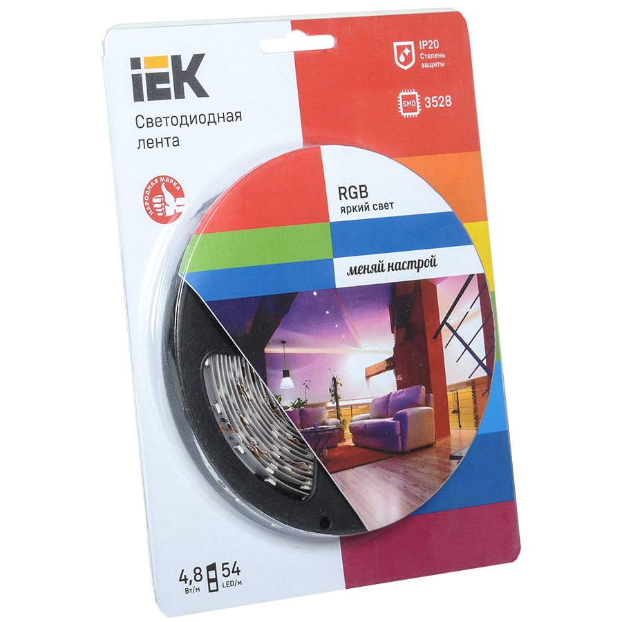 Лента светодиодная 5м блистер LSR-3528RGB54-4.8-IP20-12V IEK-eco