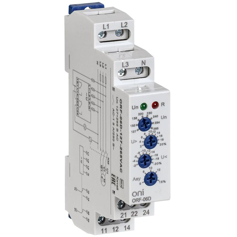 Реле контроля фаз ORF-06D 3 фазы 2 контакта 127-265В AC с контролем нейтрали ONI