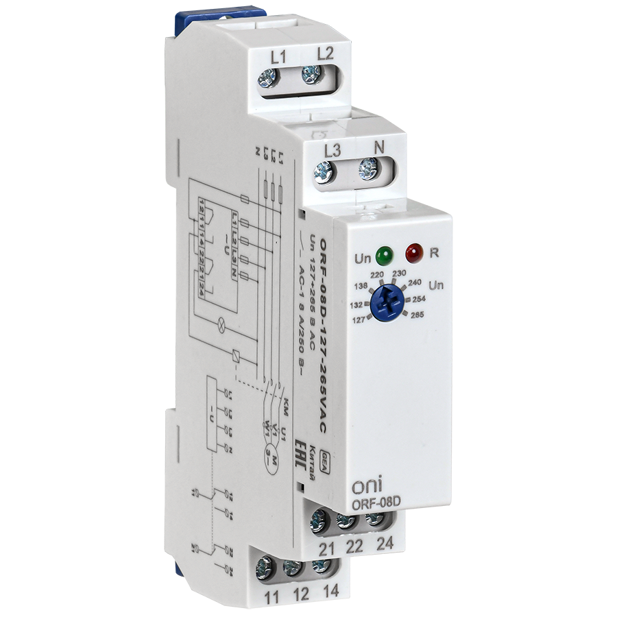 Реле фаз ORF 08D 3ф. 2 конт. 127-265В AC с контр. нейтр. ONI