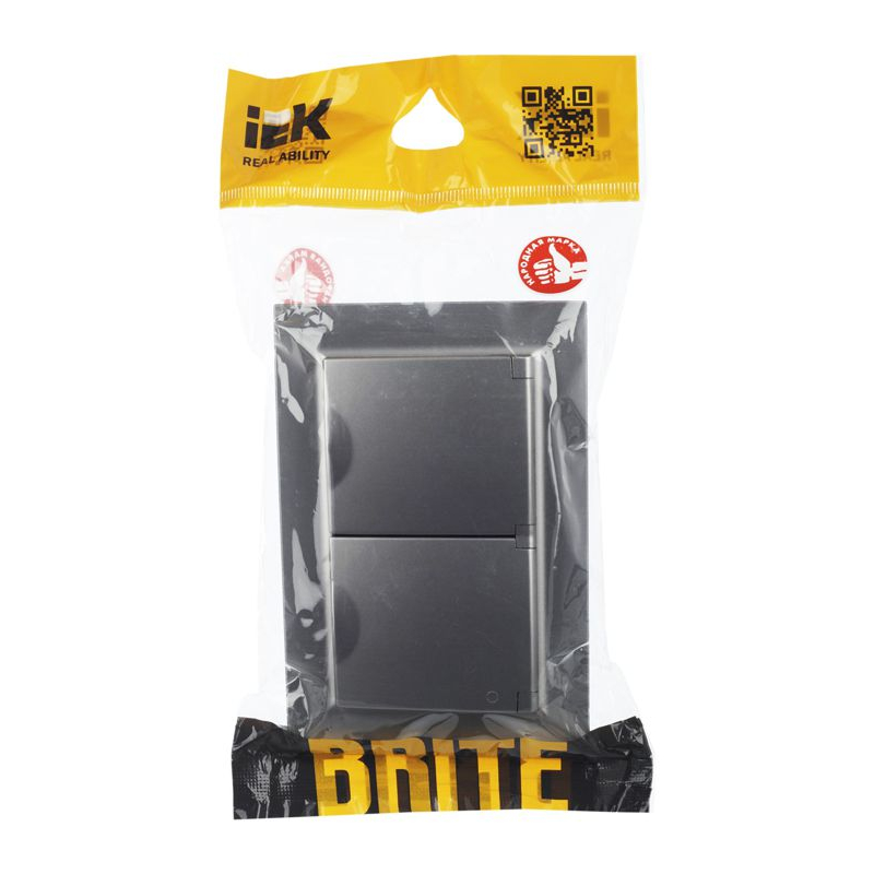 BRITE Розетка 2-местная с заземлением с защитными шторками и крышкой 16А в сборе IP44 РСбш12-3-44-БрС сталь IEK