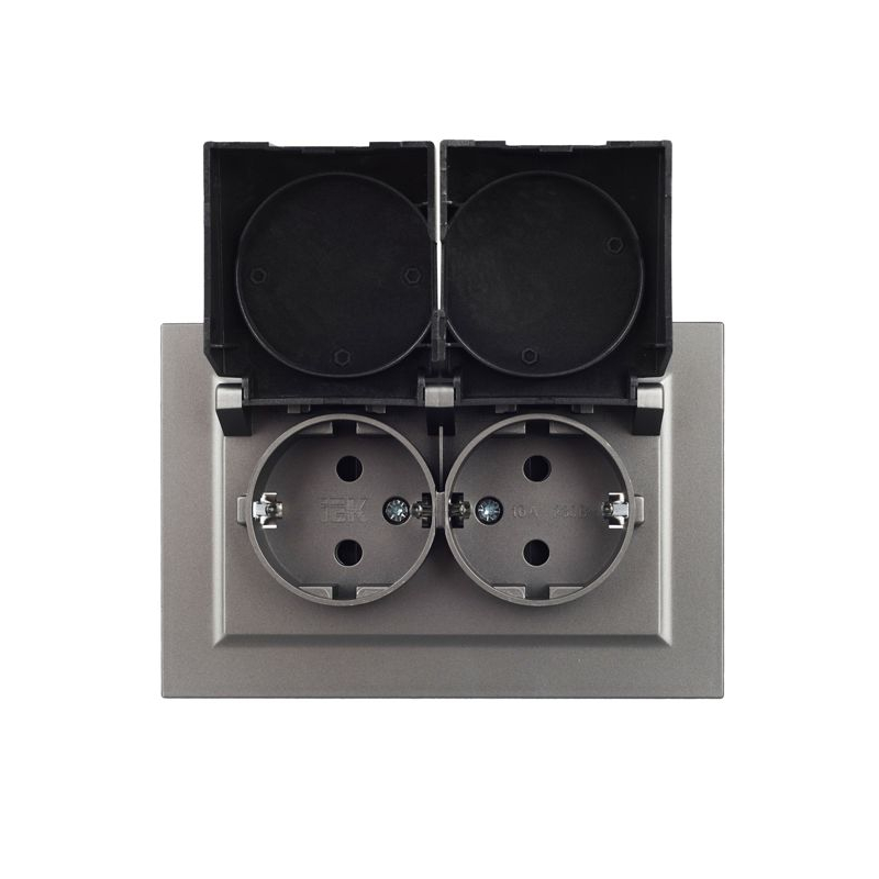 BRITE Розетка 2-местная с заземлением с защитными шторками и крышкой 16А в сборе IP44 РСбш12-3-44-БрС сталь IEK