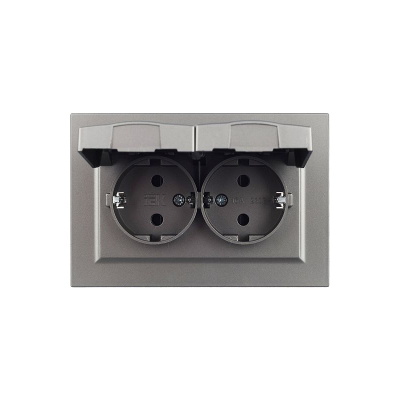 BRITE Розетка 2-местная с заземлением с защитными шторками и крышкой 16А в сборе IP44 РСбш12-3-44-БрС сталь IEK