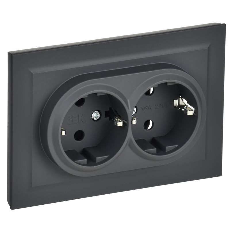 BRITE Розетка 2-местная с заземлением без защитных шторок 16А в сборе РС12-3-БрГ графит IEK