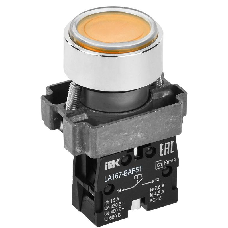 Кнопка управления LA167-BAF51 d=22мм 1NO желтая IEK