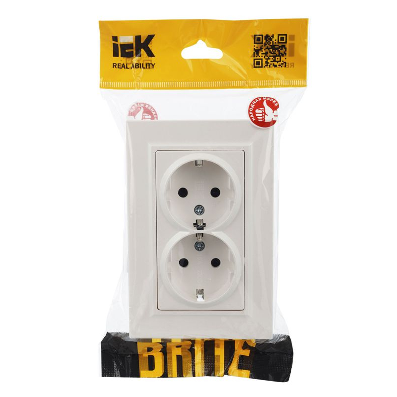 BRITE Розетка 2-местная с заземлением с защитными шторками 16А в сборе РСш12-3-БрЖ жемчуг IEK