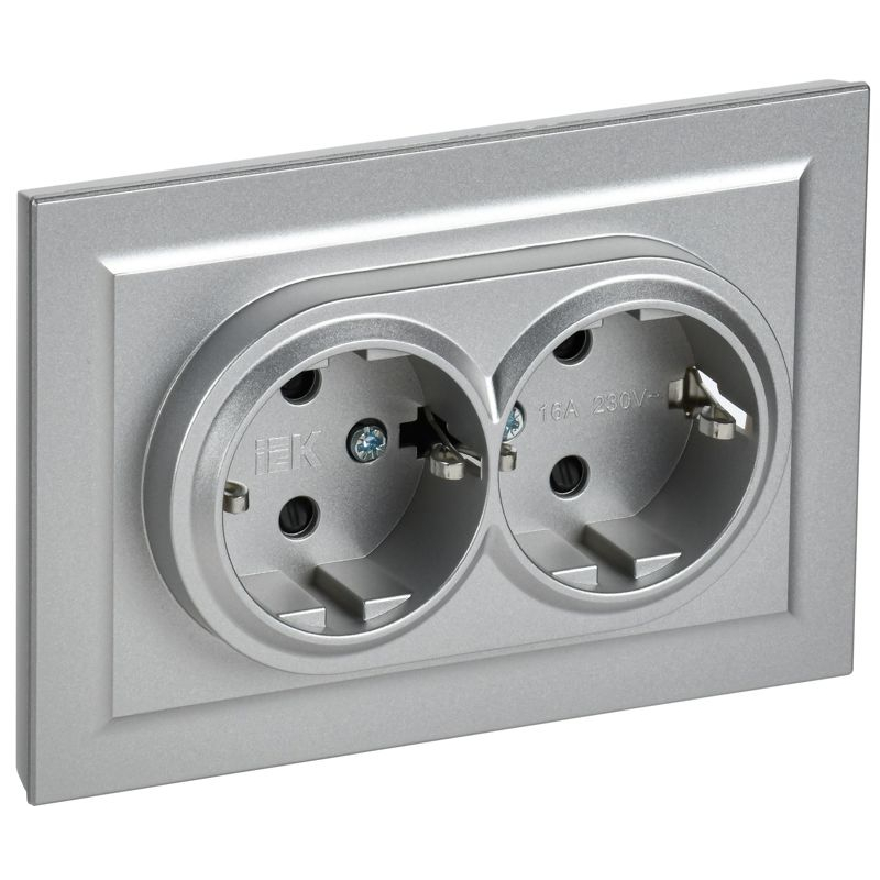 BRITE Розетка 2-местная с заземлением с защитными шторками 16А в сборе РСш12-3-БрА алюминий IEK