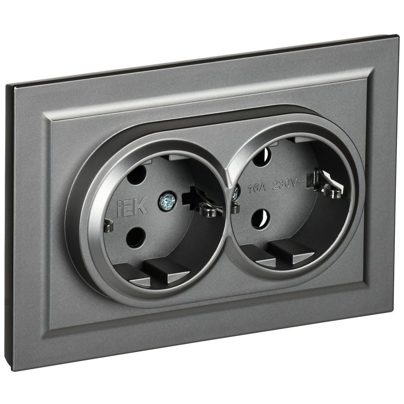 BRITE Розетка 2-местная с заземлением с защитными шторками 16А в сборе РСш12-3-БрС сталь IEK