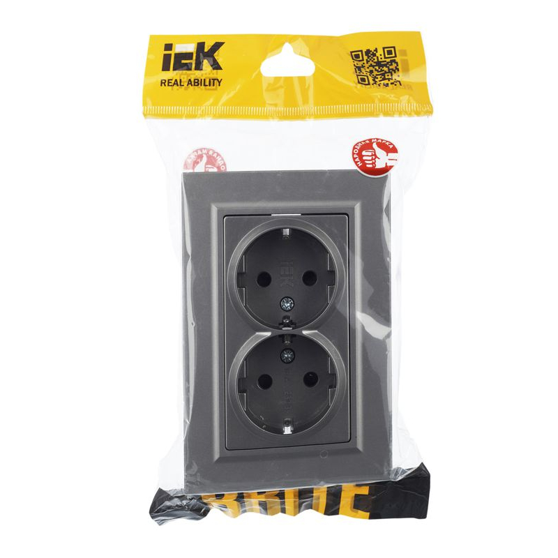 BRITE Розетка 2-местная с заземлением с защитными шторками 16А в сборе РСш12-3-БрС сталь IEK