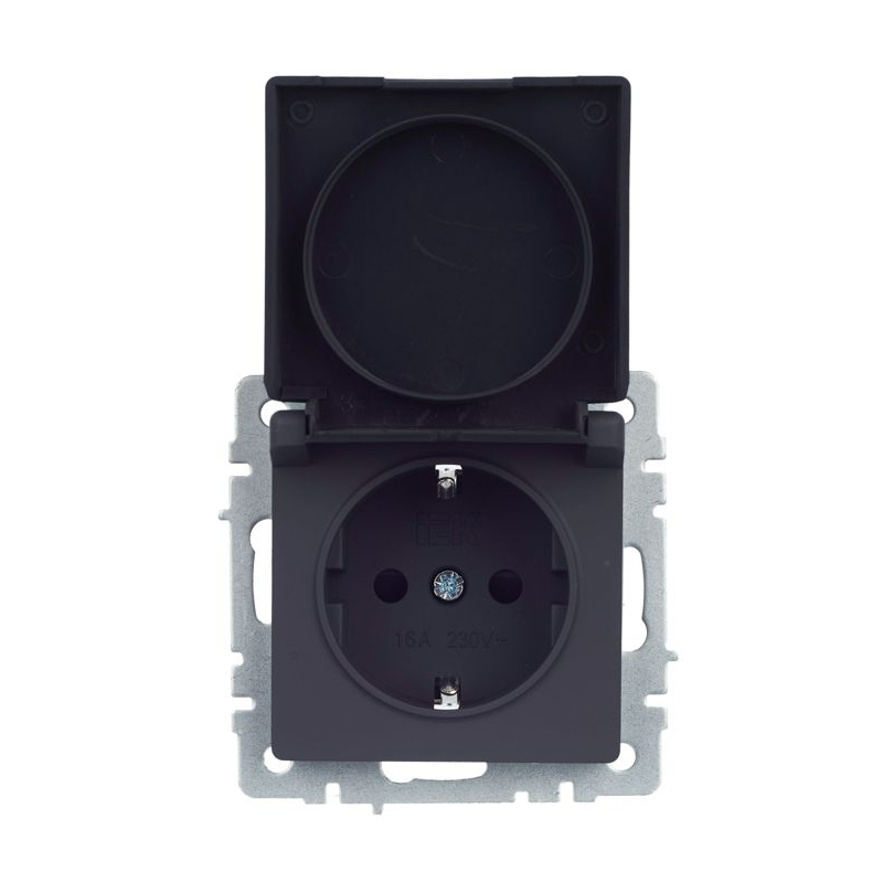 BRITE Розетка 1-местная с заземлением с защитными шторками и крышкой 16А IP44 РСбш10-3-44-БрГ графит IEK
