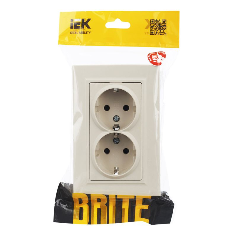BRITE Розетка 2-местная с заземлением с защитными шторками 16А в сборе РСш12-3-БрКр бежевый IEK