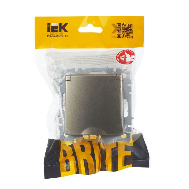 BRITE Розетка 1-местная с заземлением с защитными шторками и крышкой 16А IP20 РСбш10-3-БрШ шампань IEK