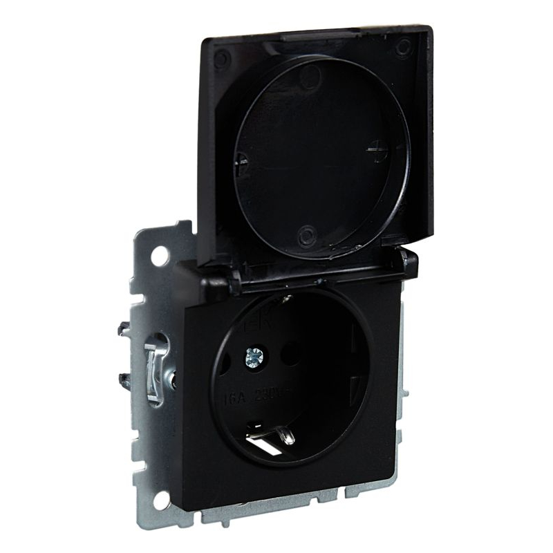 BRITE Розетка 1-местная с заземлением с защитными шторками и крышкой 16А IP20 РСбш10-3-БрЧ черный IEK