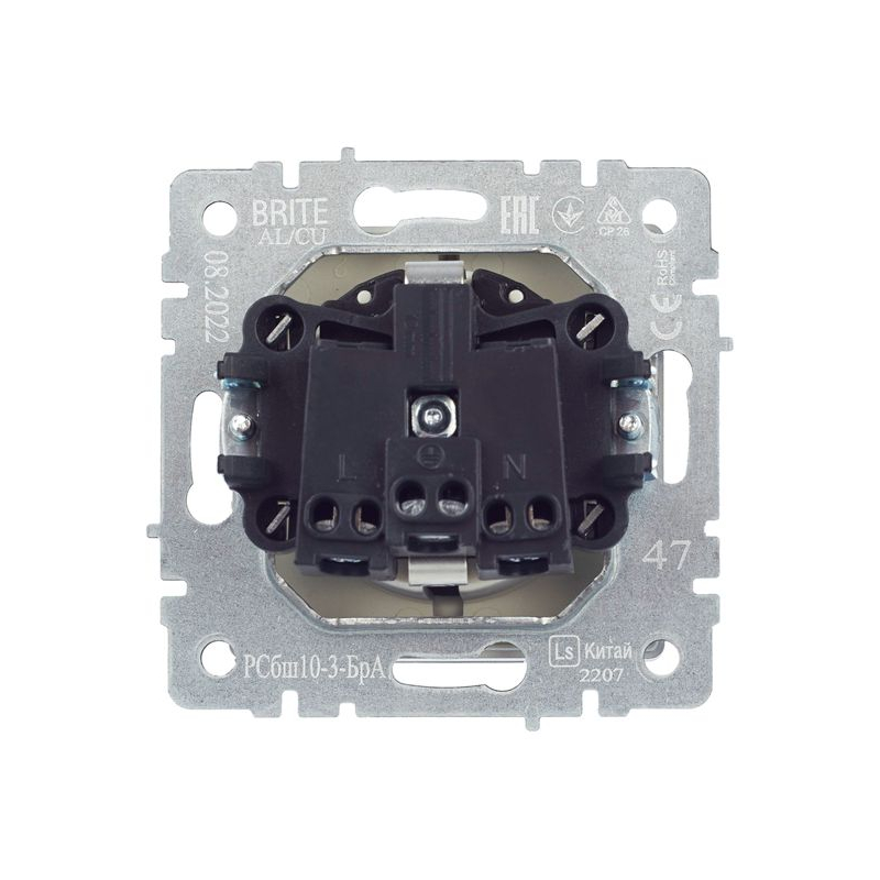 BRITE Розетка 1-местная с заземлением с защитными шторками и крышкой 16А IP20 РСбш10-3-БрА алюминий IEK