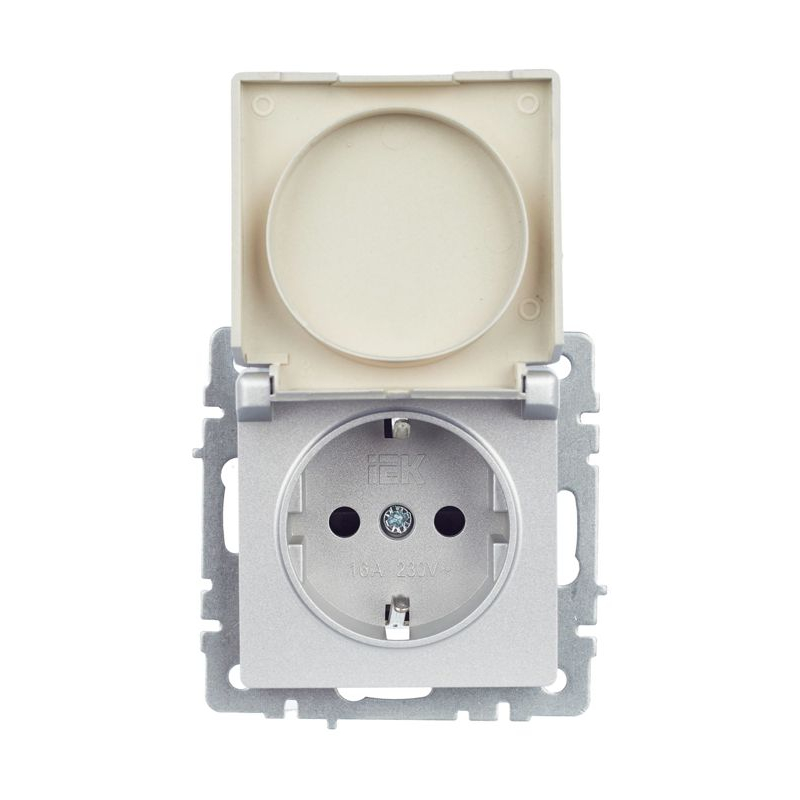 BRITE Розетка 1-местная с заземлением с защитными шторками и крышкой 16А IP20 РСбш10-3-БрА алюминий IEK