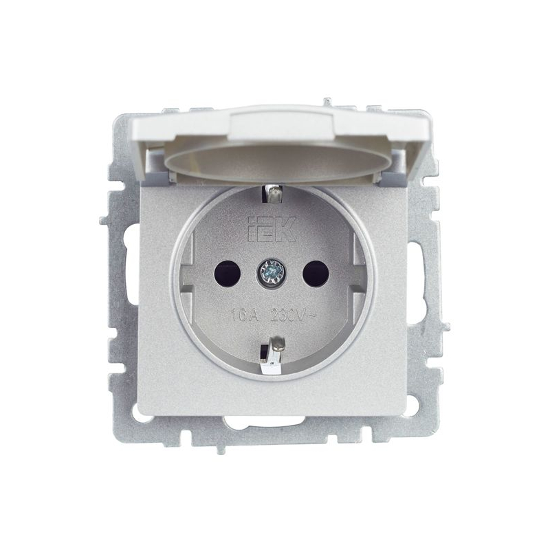 BRITE Розетка 1-местная с заземлением с защитными шторками и крышкой 16А IP20 РСбш10-3-БрА алюминий IEK