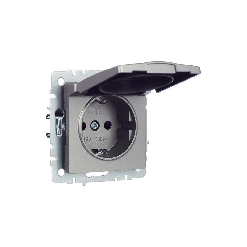 BRITE Розетка 1-местная с заземлением с защитными шторками и крышкой 16А IP20 РСбш10-3-БрС сталь IEK