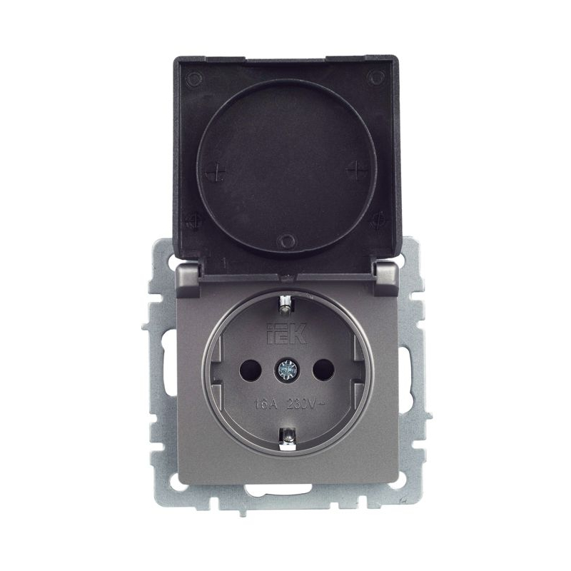 BRITE Розетка 1-местная с заземлением с защитными шторками и крышкой 16А IP20 РСбш10-3-БрС сталь IEK