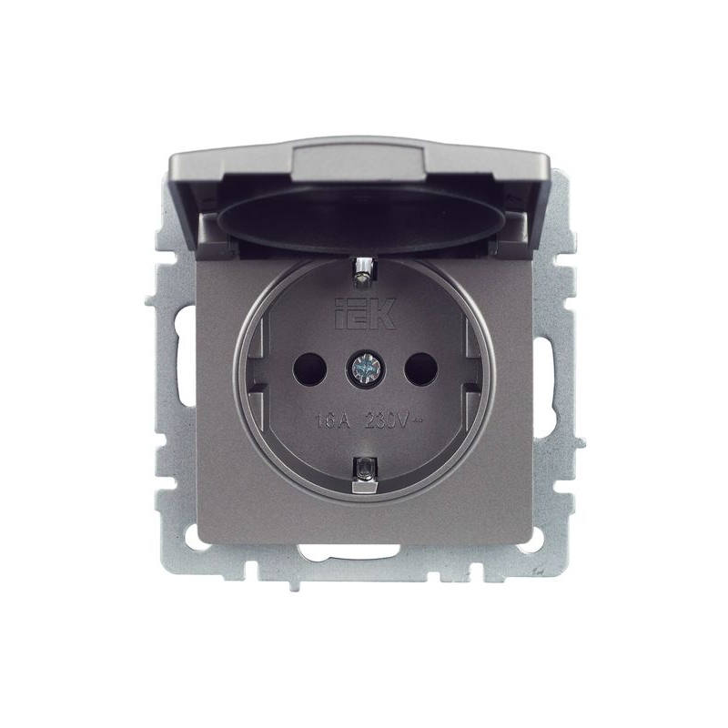BRITE Розетка 1-местная с заземлением с защитными шторками и крышкой 16А IP20 РСбш10-3-БрС сталь IEK