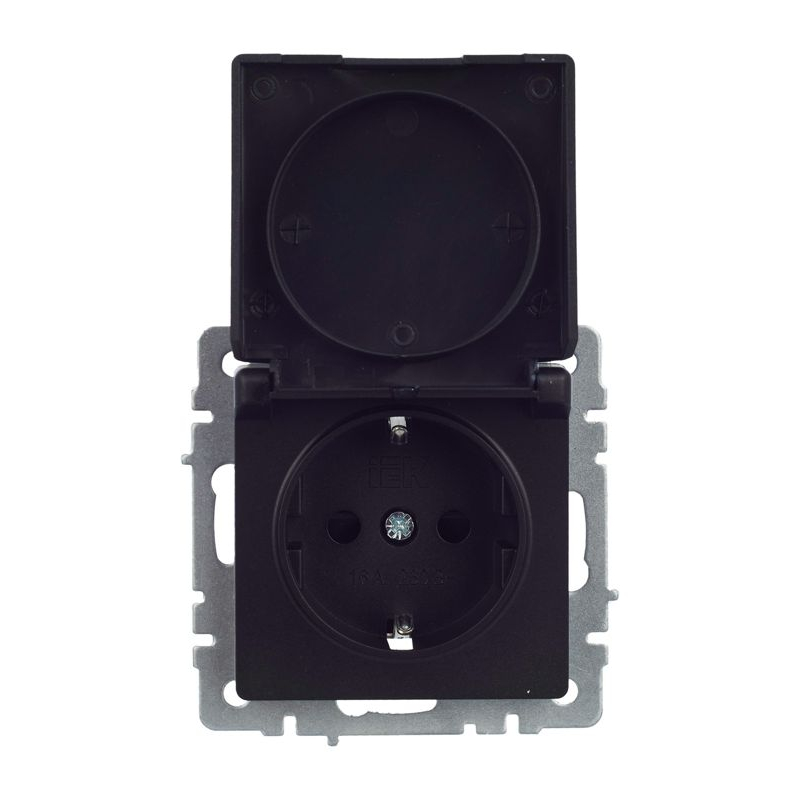 BRITE Розетка 1-местная с заземлением с защитными шторками и крышкой 16А IP44 РСбш10-3-44-БрЧ черный IEK