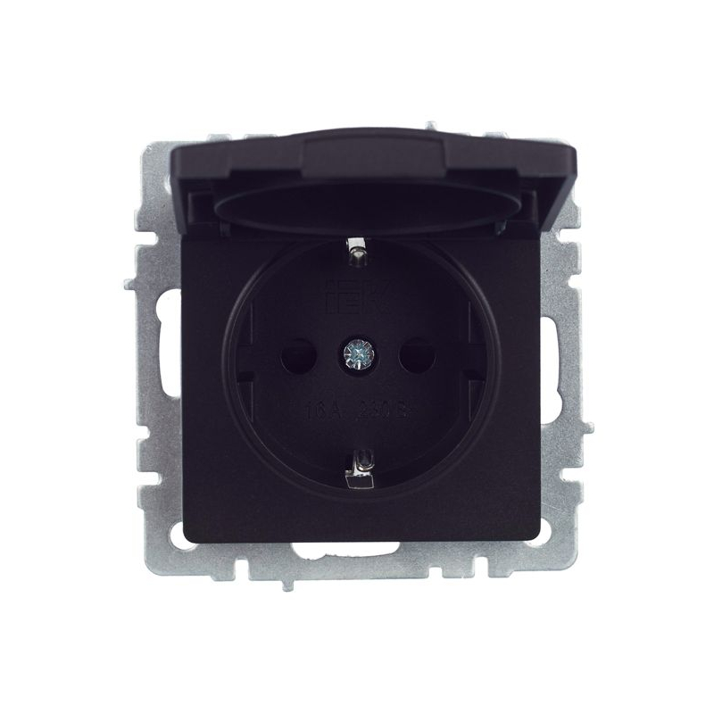 BRITE Розетка 1-местная с заземлением с защитными шторками и крышкой 16А IP44 РСбш10-3-44-БрЧ черный IEK