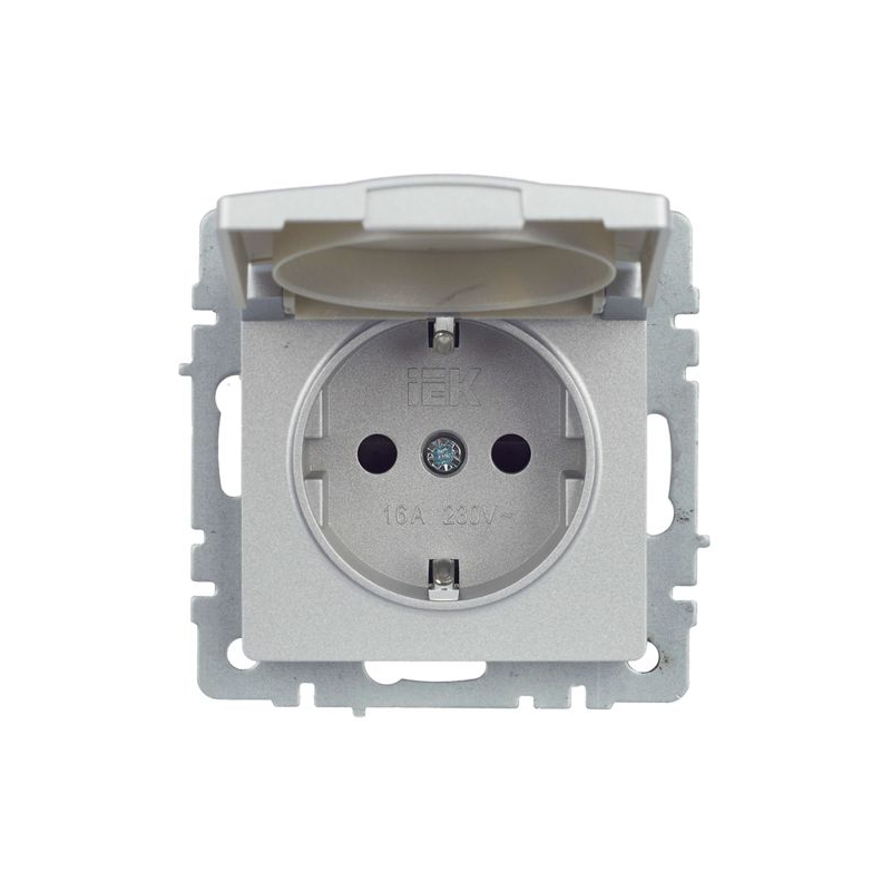 BRITE Розетка 1-местная с заземлением с защитными шторками и крышкой 16А IP44 РСбш10-3-44-БрА алюминий IEK