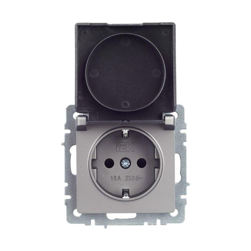 BRITE Розетка 1-местная с заземлением с защитными шторками и крышкой 16А IP44 РСбш10-3-44-БрС сталь IEK