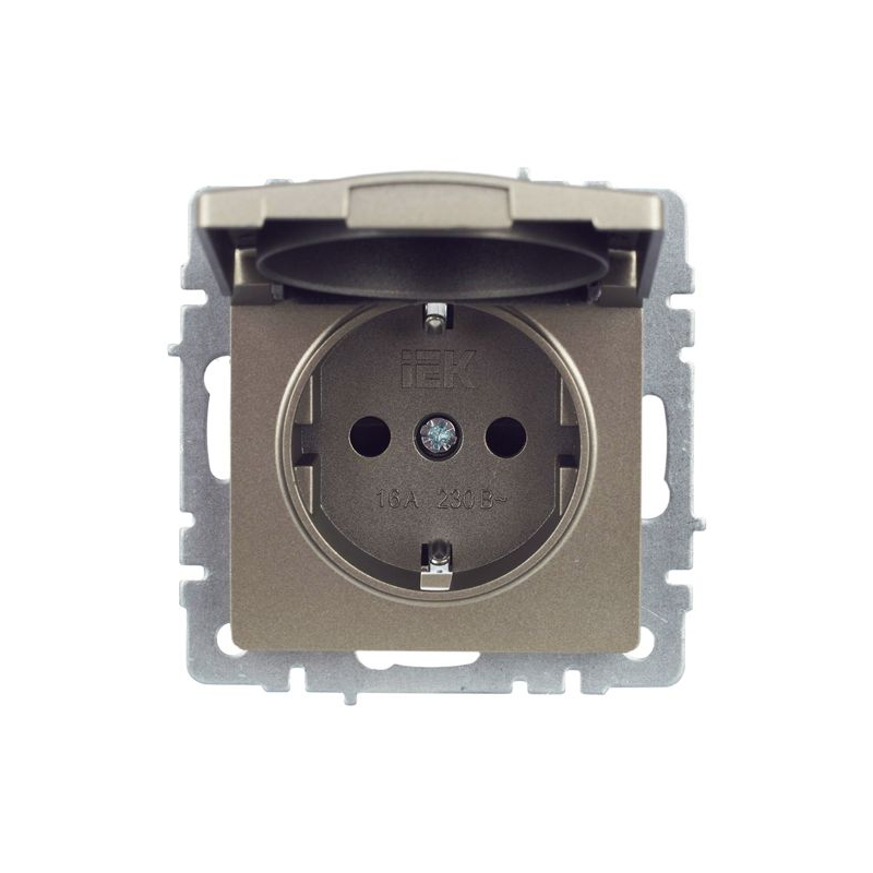 BRITE Розетка 1-местная с заземлением с защитными шторками и крышкой 16А IP44 РСбш10-3-44-БрШ шампань IEK