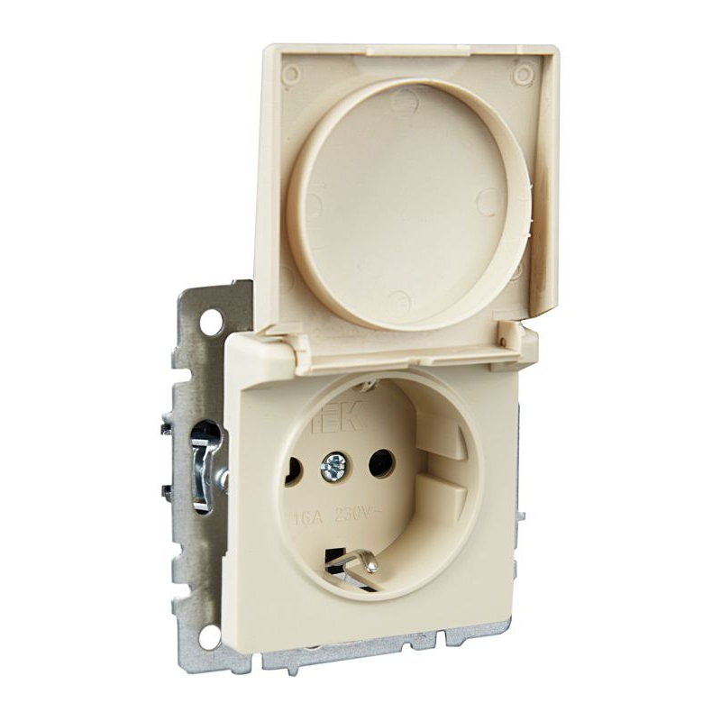 BRITE Розетка 1-местная с заземлением с защитными шторками и крышкой 16А IP20 РСбш10-3-БрКр бежевый IEK