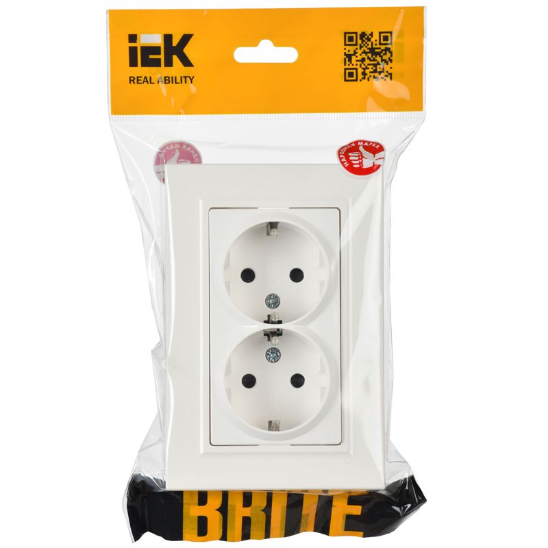 BRITE Розетка 2-местная с заземлением с защитными шторками 16А в сборе РСш12-3-БрБ белый IEK