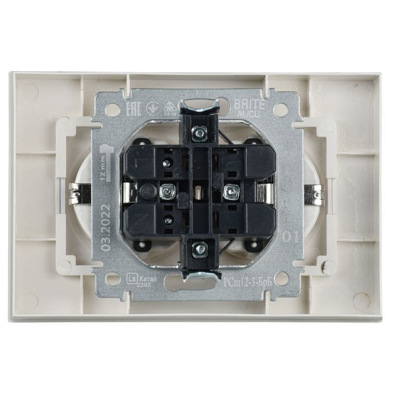 BRITE Розетка 2-местная с заземлением с защитными шторками 16А в сборе РСш12-3-БрБ белый IEK