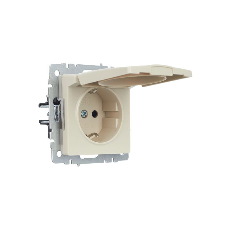 BRITE Розетка 1-местная с заземлением с защитными шторками и крышкой 16А IP44 РСбш10-3-44-БрКр бежевый IEK