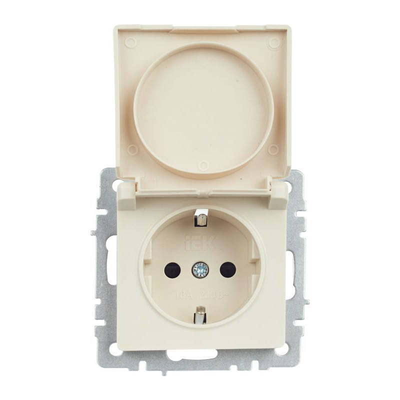 BRITE Розетка 1-местная с заземлением с защитными шторками и крышкой 16А IP44 РСбш10-3-44-БрКр бежевый IEK