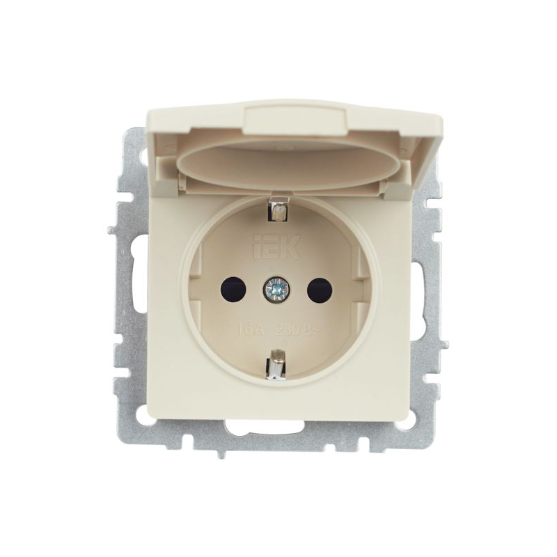 BRITE Розетка 1-местная с заземлением с защитными шторками и крышкой 16А IP44 РСбш10-3-44-БрКр бежевый IEK