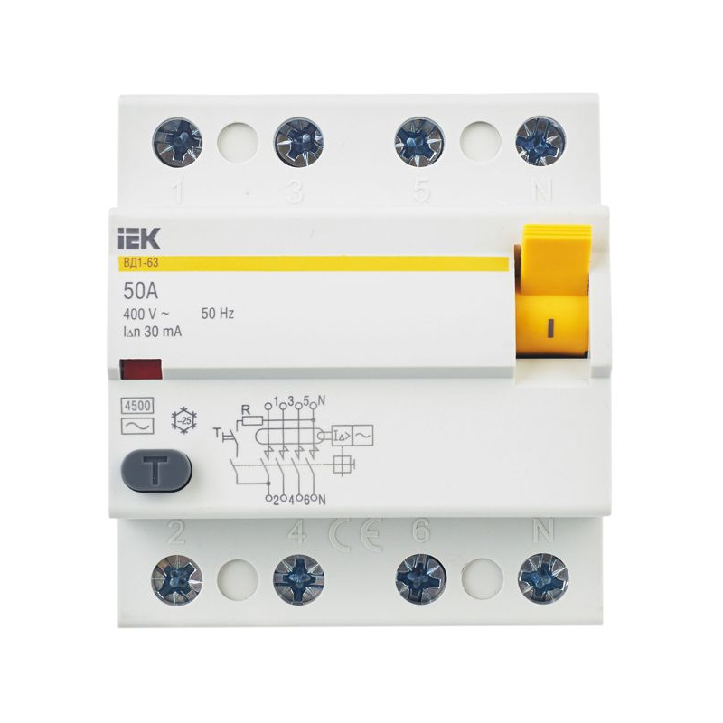 Выключатель дифференциальный (УЗО) ВД1-63 4Р 50А 30мА IEK