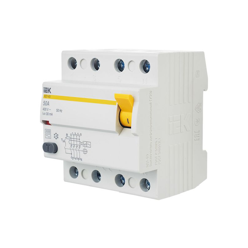 Выключатель дифференциальный (УЗО) ВД1-63 4Р 50А 30мА IEK