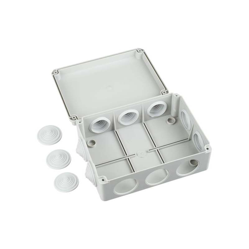 Коробка распаячная КМ41243 для открытой проводки безгалогенная (HF) 190х140х70мм IP44 10 гермовводов серая IEK