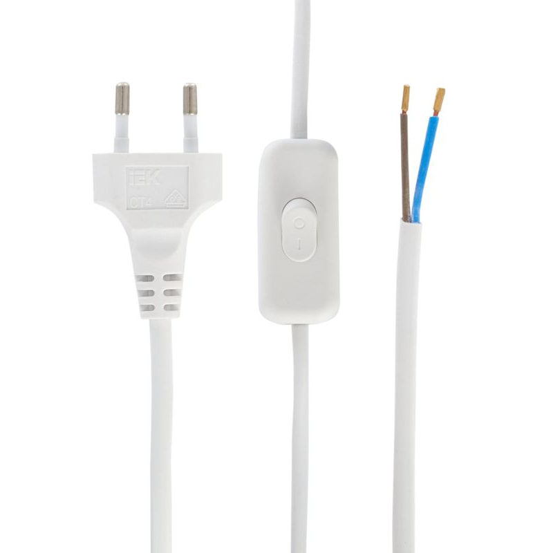 Шнур УШ-1КВ опрессованный с вилкой со встроенным выключателем 2х0,75/2м белый IEK