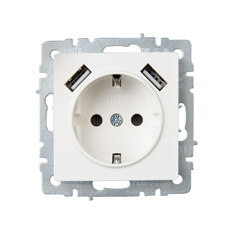 BRITE Розетка 1-местная с заземлением с защитными шторками 16А с USB A+A 5В 3,1А РЮш10-2-БрБ белый IEK