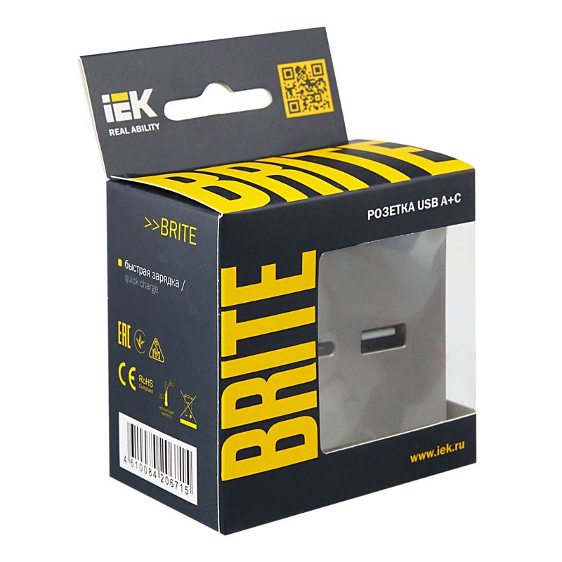 BRITE Розетка USB A+C 18Вт РЮ11-1-БрС сталь IEK