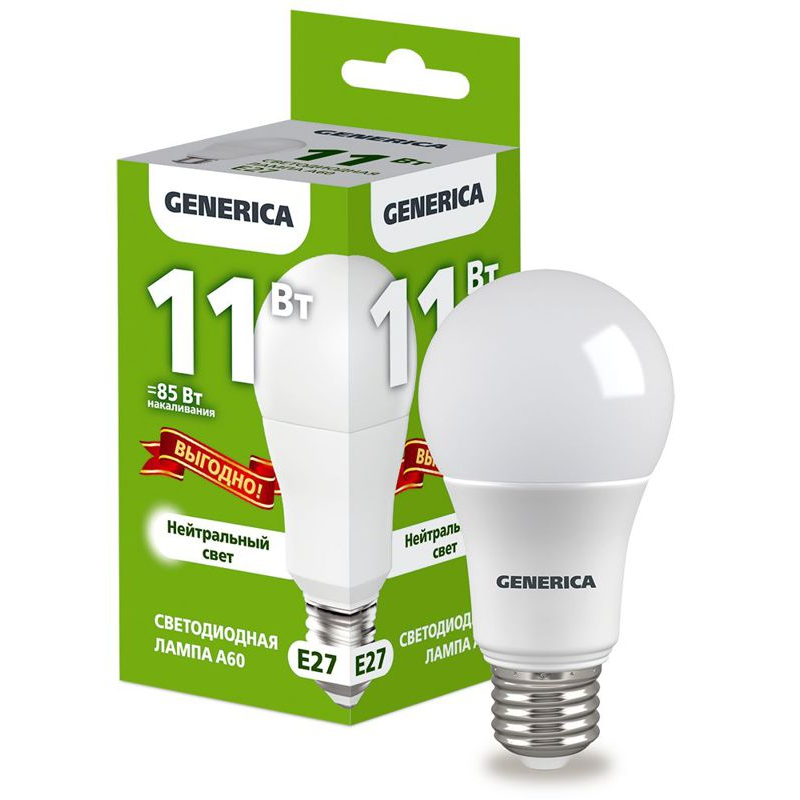 Лампа светодиодная A60 груша 11Вт 230В 4000К E27 ПРОМО GENERICA