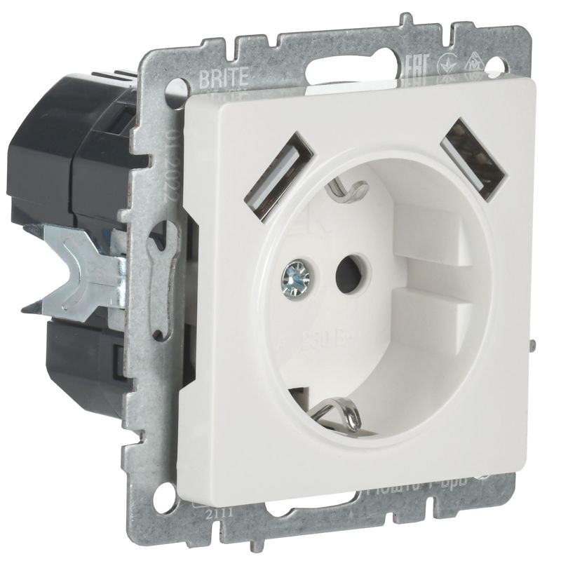 BRITE Розетка 1-местная с заземлением с защитными шторками 16А с USB A+A 5В 2,1А РЮш10-1-БрБ белый IEK