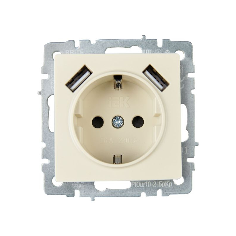 BRITE Розетка 1-местная с заземлением с защитными шторками 16А с USB A+A 5В 3,1А РЮш10-2-БрКр бежевый IEK