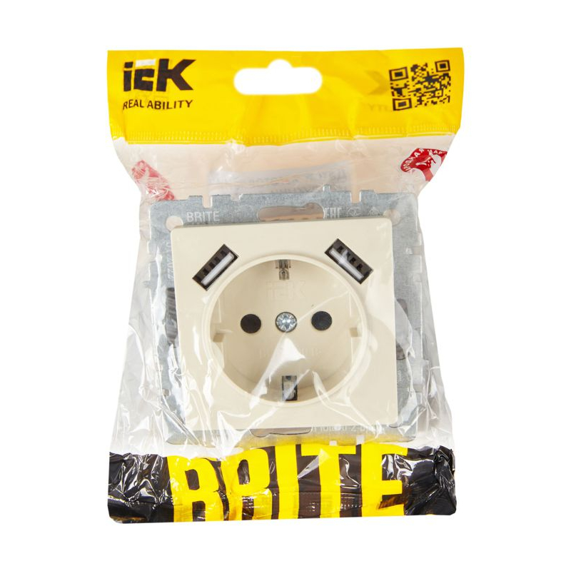 BRITE Розетка 1-местная с заземлением с защитными шторками 16А с USB A+A 5В 3,1А РЮш10-2-БрКр бежевый IEK