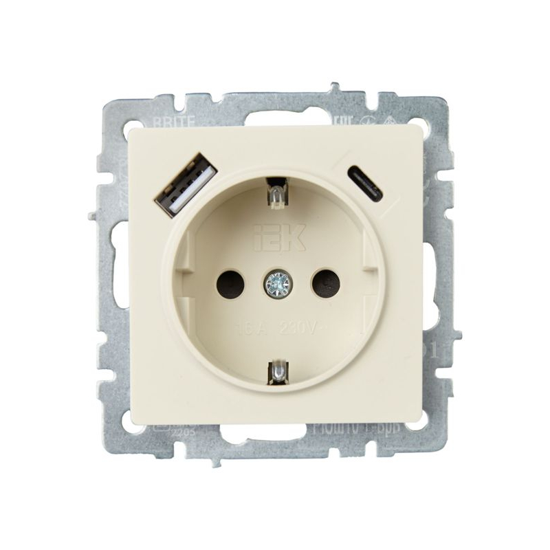 BRITE Розетка 1-местная с заземлением с защитными шторками 16А с USB A+C 18Вт РЮш11-1-БрКр бежевый IEK