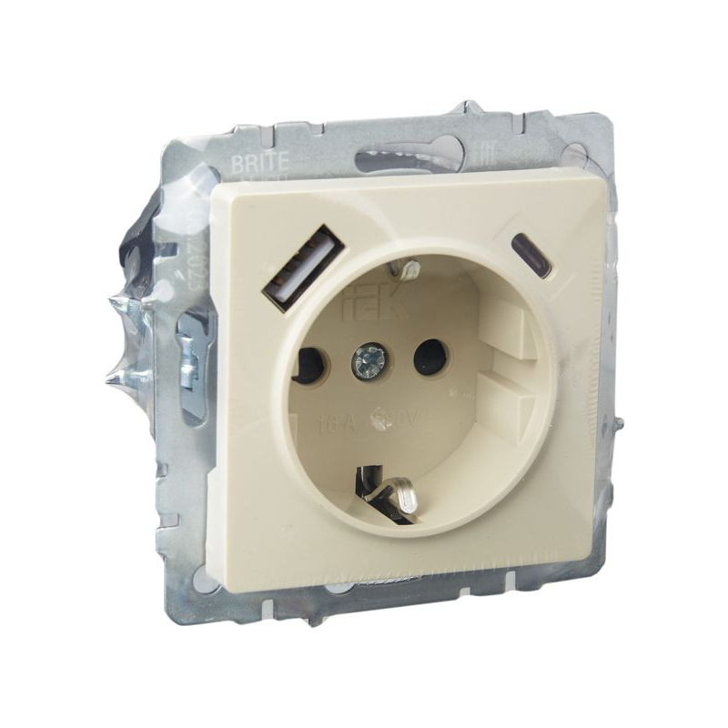 BRITE Розетка 1-местная с заземлением с защитными шторками 16А с USB A+C 18Вт РЮш11-1-БрКр бежевый IEK