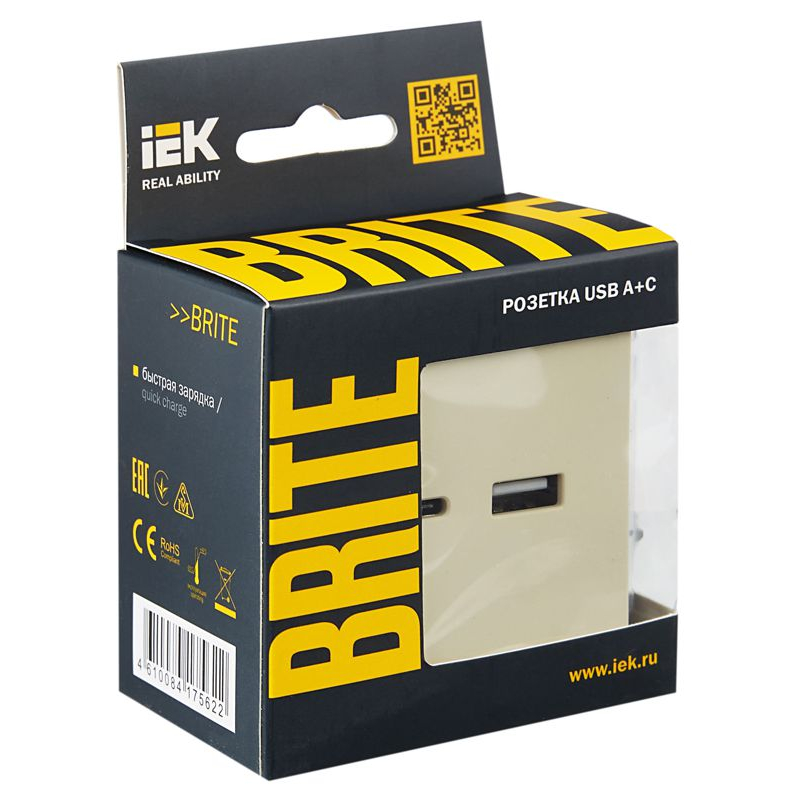 BRITE Розетка USB A+C 18Вт РЮ11-1-БрКр бежевый IEK