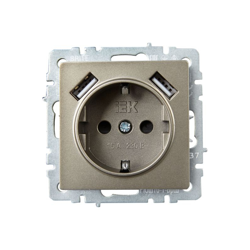BRITE Розетка 1-местная с заземлением с защитными шторками 16А с USB A+A 5В 2,1А РЮш10-1-БрШ шампань IEK